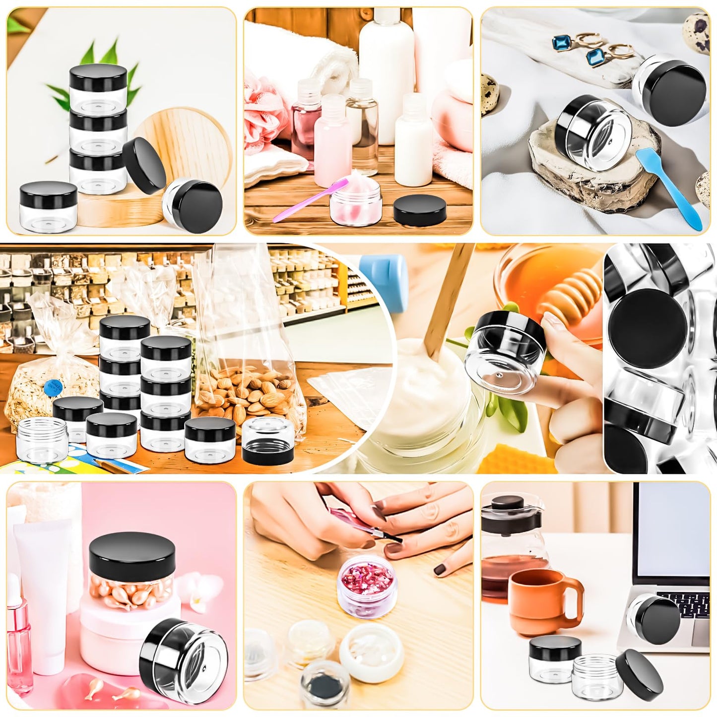 MotBach 40 PCS 15g Empty Plastic Containers with Black Lids, Small Makeup Containers, 0.5oz Small Sample Pot Jars Round Travel Cosmetic Jars with Spatulas for Liquid, Powder, Cream, Lotion