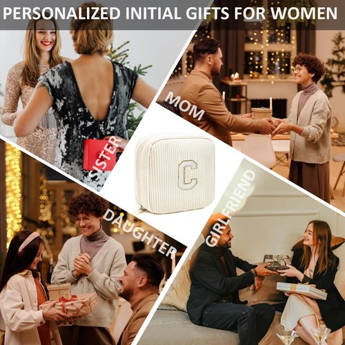 Birthday Gifts for Women Personalized Mini Makeup Bag Cosmetic Bag Travel Toiletry Bag Gifts for Girlfriend Bridal Shower Preppy Stuff for Teen Girls 15 14 13 Year Old Girl Gifts (Letter C, Beige)