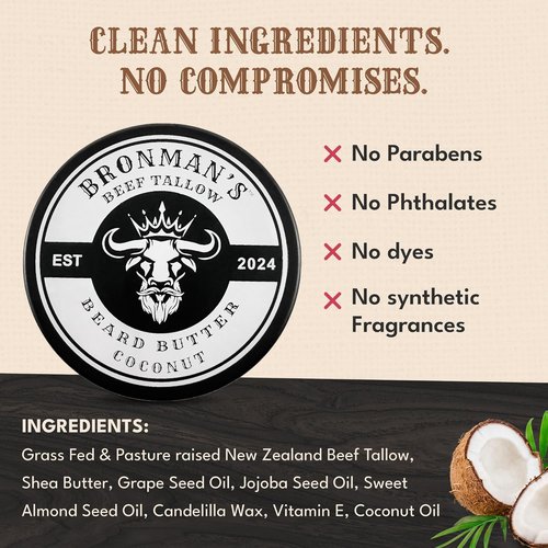 Beef Tallow Beard Butter for Men - Hydrating Coconut Balm with Shea Butter - 4oz Deep Moisturizing Formula