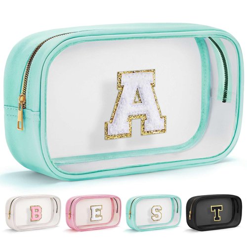 YOOLIFE Initial Clear Makeup Pouch, Clear Makeup Bag Cosmetic Travel Beach Toiletry Bag Travel Essentials Gifts for Women Teen Girlfriend Teacher Mom Birthday Gift for Women Teen Zipper Pouch Blue A