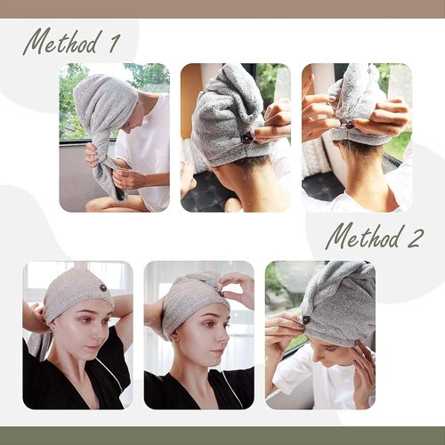 myHomeBody Hair Towel Wrap - Luxury Quick-Drying Turban, Ultra-Soft Charcoal Fiber Cap - Gray