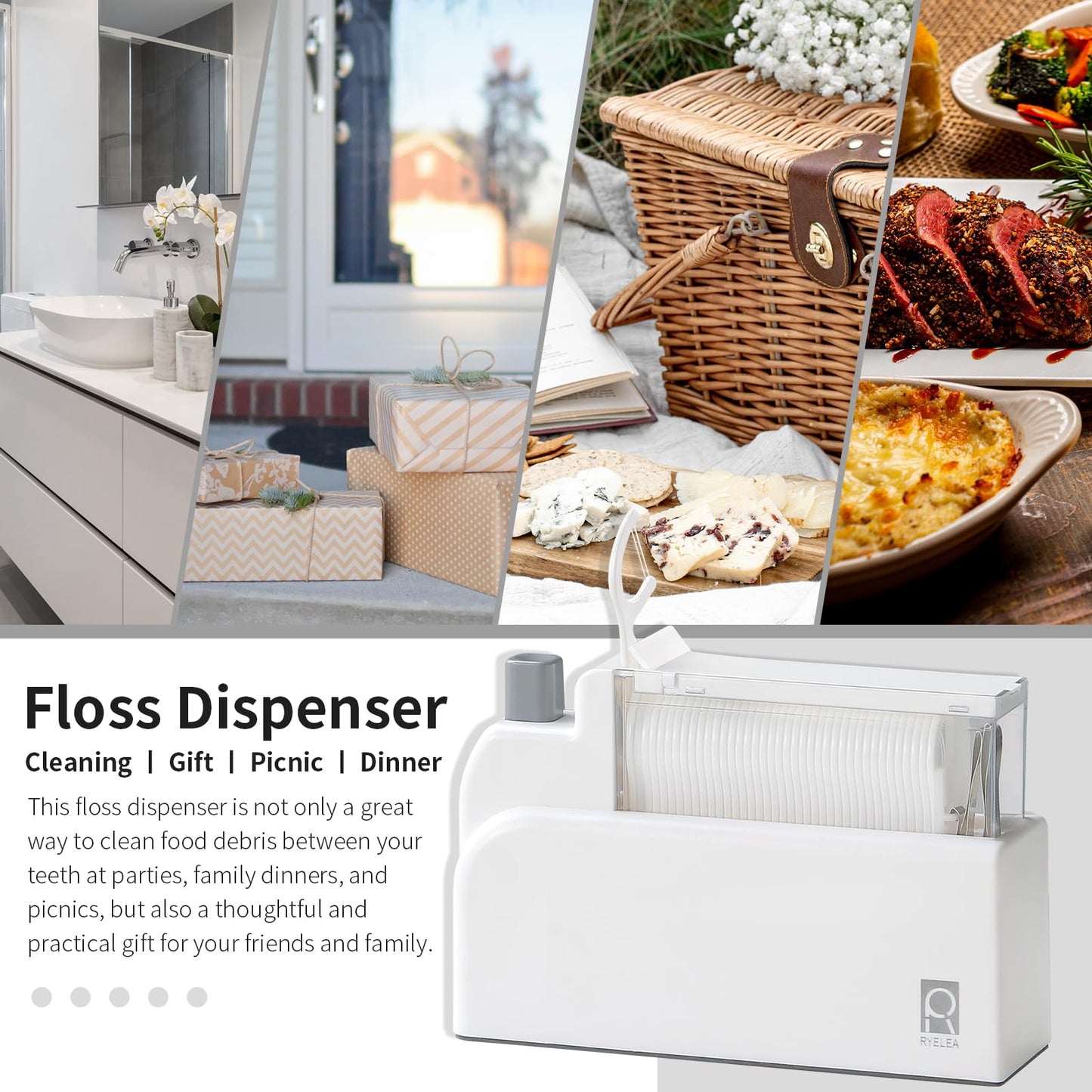 Ryelea Floss Pick Dispenser with 40 Count Double Thread Flossers, Cleaning Teeth More Deeply, Sealed Storage (White)