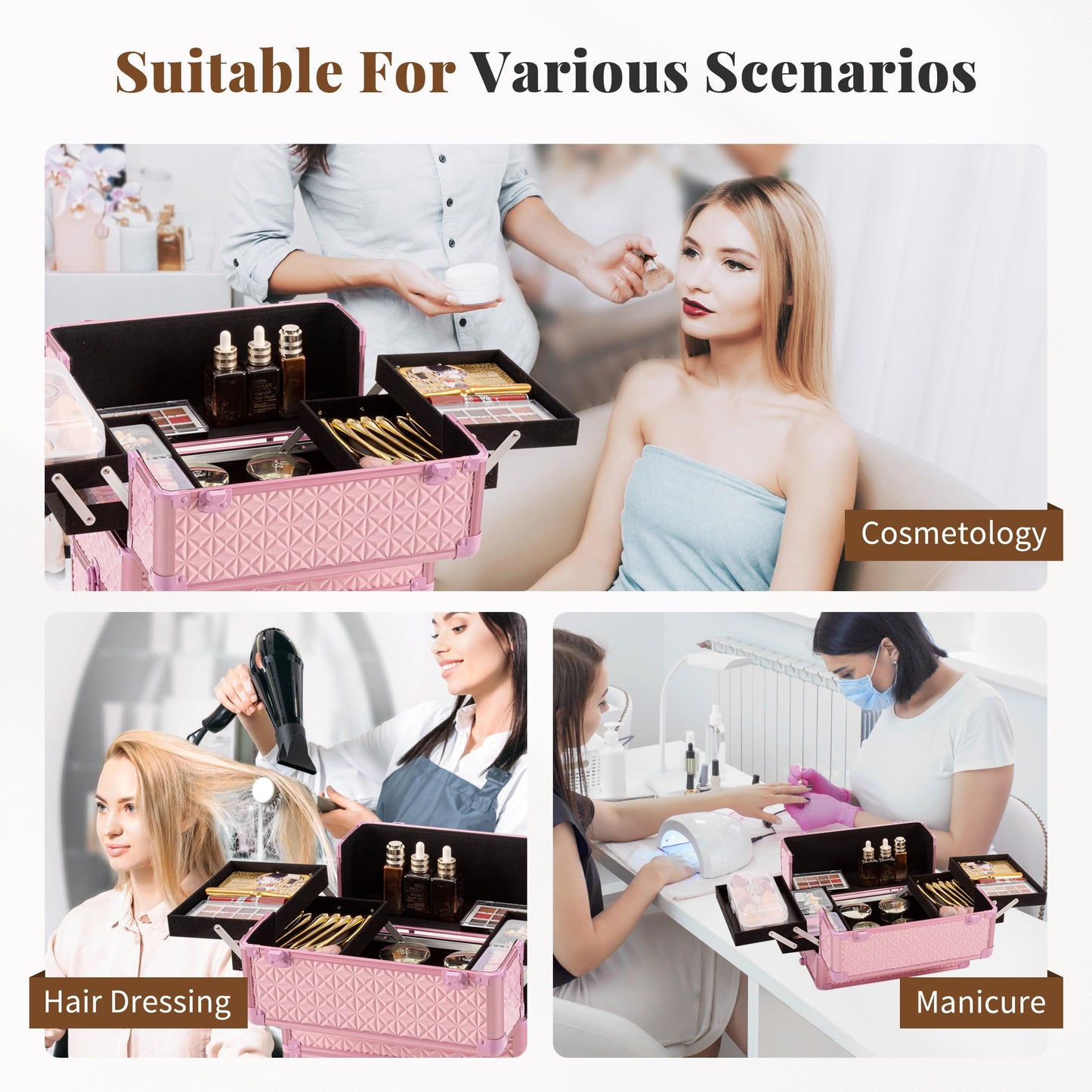 JINGUAN 3 in 1 Rolling Makeup Train Case, Multi-functional Cosmetic Trolley with 360° Swivel Wheels Keys, Large Storage Traveling Cart Trunk for Nail Technicians Hairstylist, Pink