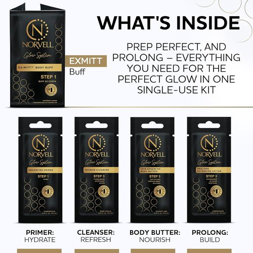 Norvell Glow System Trial Kit - 5-Step Sunless Tanning Essentials with Exmitt, Primer & Cleanser | Travel-Friendly Pouch