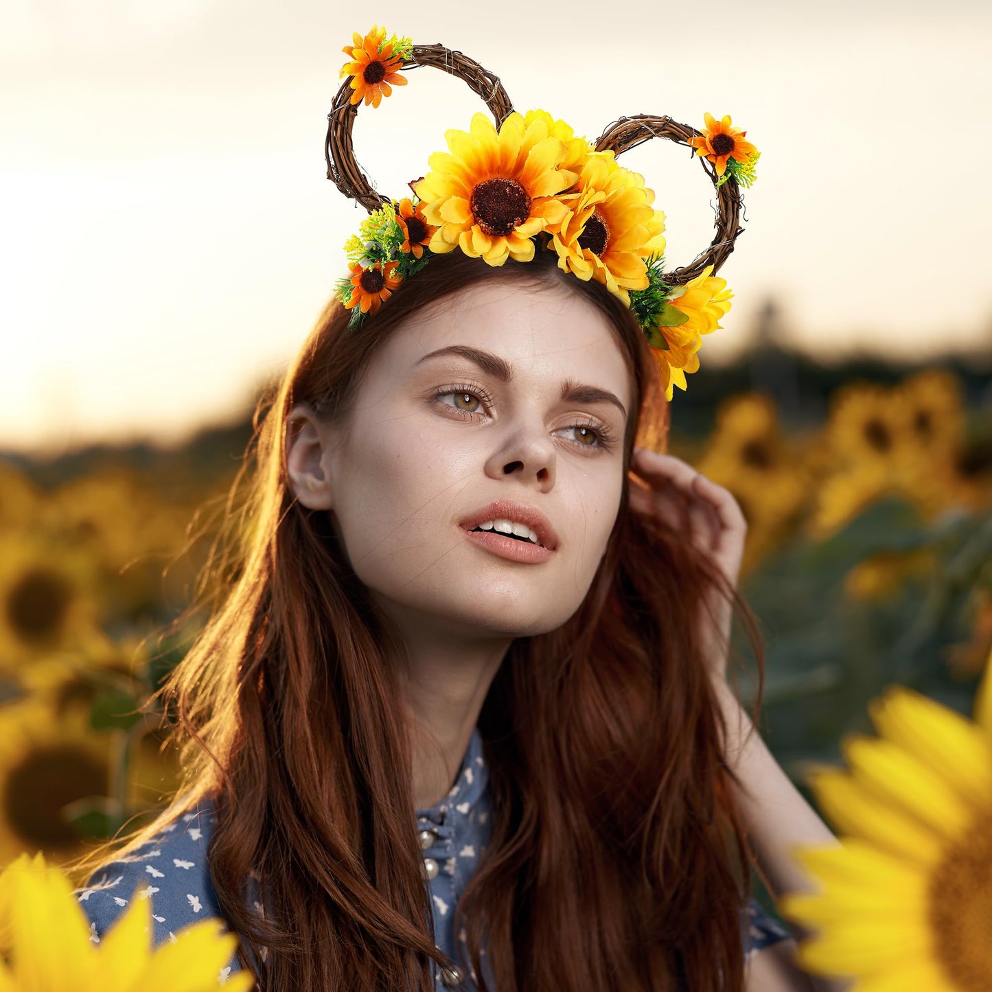 VISSTREE LED Sunflower Mouse Ears Light Up Headband Adult - Lightweight Yellow Flower Branches Mouses Ears Headband for Women Girls Hair Halloween Costume