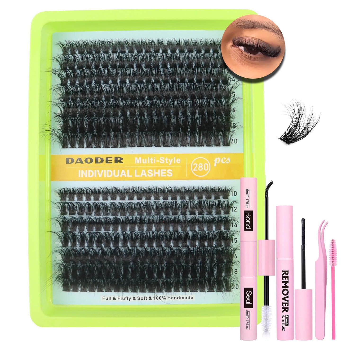 DAODER 20MM Lash Clusters Kit With Lash Remover Bond And Seal 280pcs 60D Thick Volume Fluffy Lash Extension Kit D Curl Easy to DIY At Home (Lash Clusters 60D)