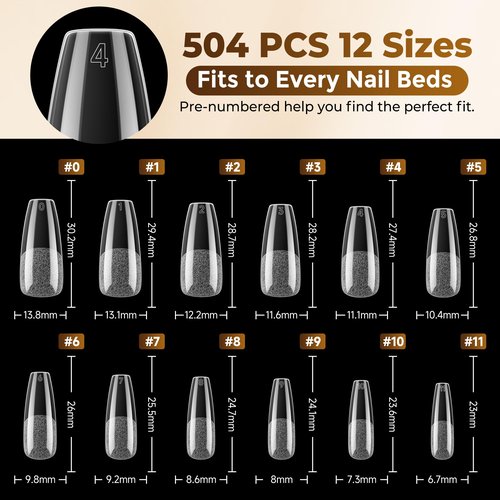 UNA GELLA Long Coffin Nail Tips, 504pcs Pre-Shape Fake Nails Half Matte Full Cover Acrylic Gel Nail Tips Clear Long Coffin Press On Nails Home DIY Extension 12 Sizes Gelly Tips