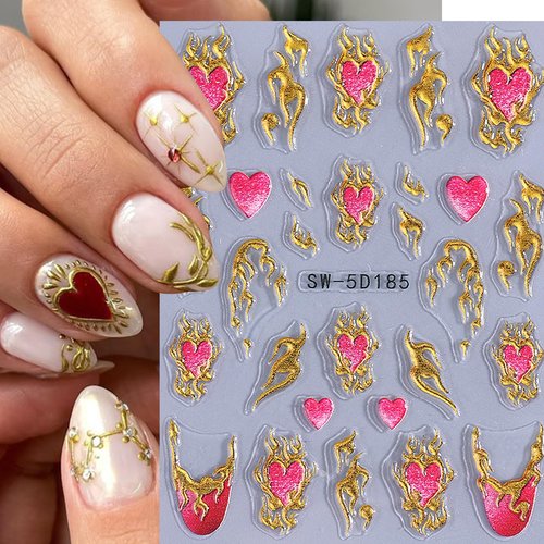 Sun Nail Stickers Decals 9 Sheets Bohemian Style Nail Art Stickers 5D/3D Embossed Self Adhesive Moon Star Heart Flame DIY Metallic Designs Gothic Decoration Supplies Nail Accessories for Women