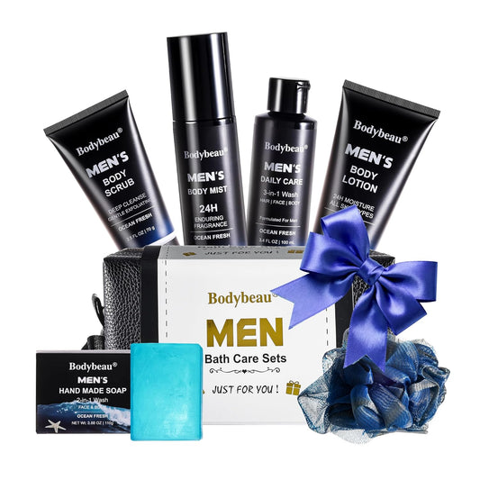 Skiennix Men's Bath and Body Spa Gift Set - 7-Piece Daily Care Kit with 3-in-1 Wash & Handmade Soap | Perfect Gifts for Dad, Husband, or Son