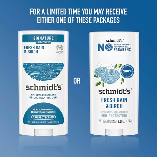 Schmidt's Vegan Deodorant - Aluminum-Free Fresh Rain & Birch | 24-Hour Odor Protection, 2.65 oz