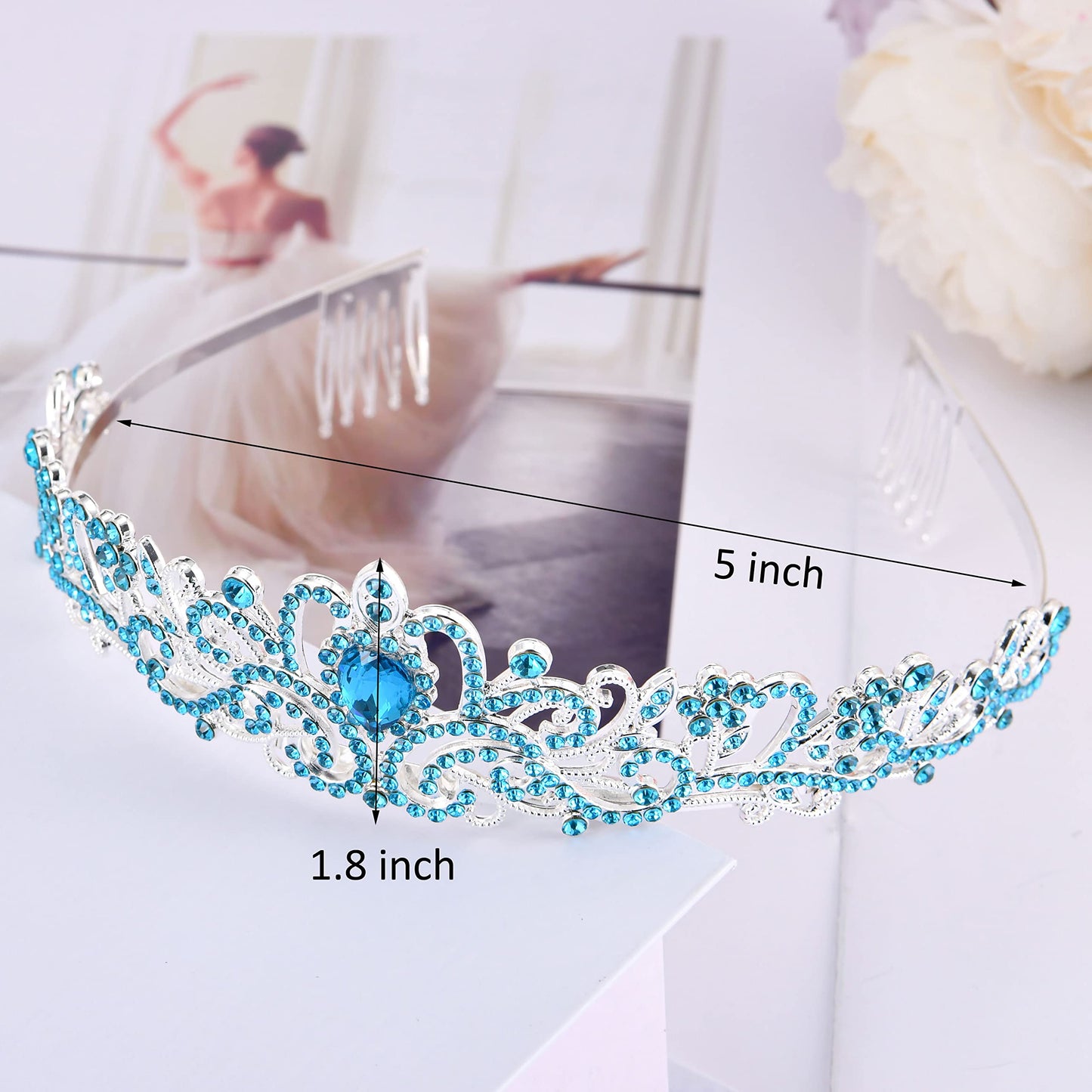 Blue Crystal Tiaras for Women, Birthday Queen Tiara Crown Princess Fairy Elsa Crowns with Combs Bride Headband Bridal Wedding Prom Pageant Party Hair Accessories Decorations Gifts