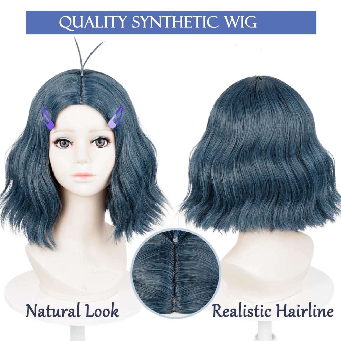 Kids Deep Blue Wavy Wig, Center Parting & 2 Purple Hair Clips - Perfect for Halloween Themed Parties Envy Cosplay