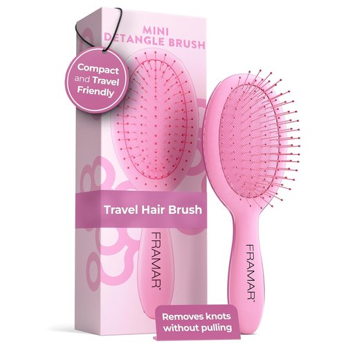 FRAMAR Mini Hair Brush Detangler - Compact Travel Brush Reducing Breakage for All Hair Types - Matte Pink