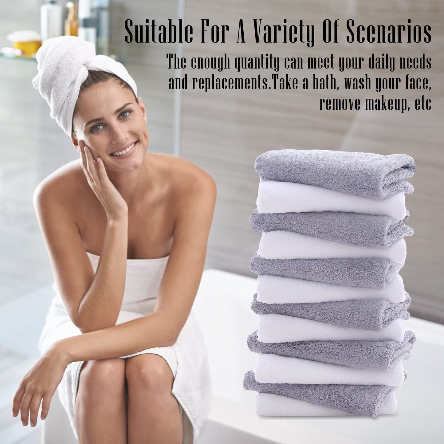 TENSTARS 12 Pack Premium Washcloths Set - Quick Drying- Soft Microfiber Coral Velvet Highly Absorbent Wash Clothes - Multipurpose Use as Bath, Spa, Facial, Fingertip Towel (Grey and White)