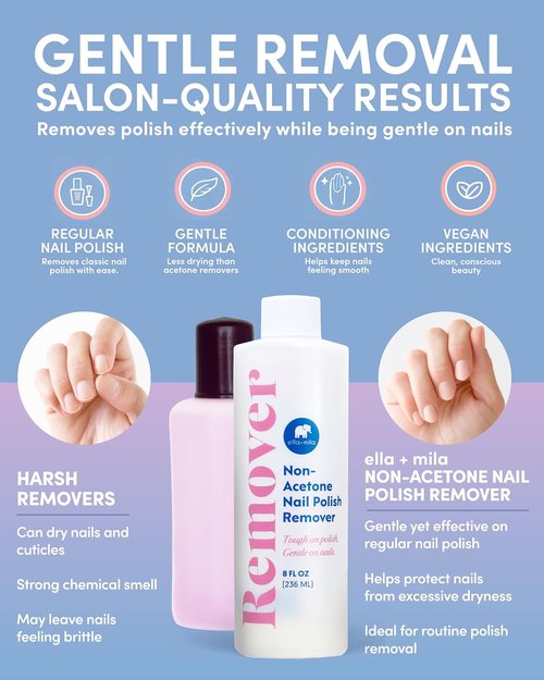 Ella+mila Non-Acetone Nail Polish Remover - Gentle, Nourishing Vegan Formula - 8oz