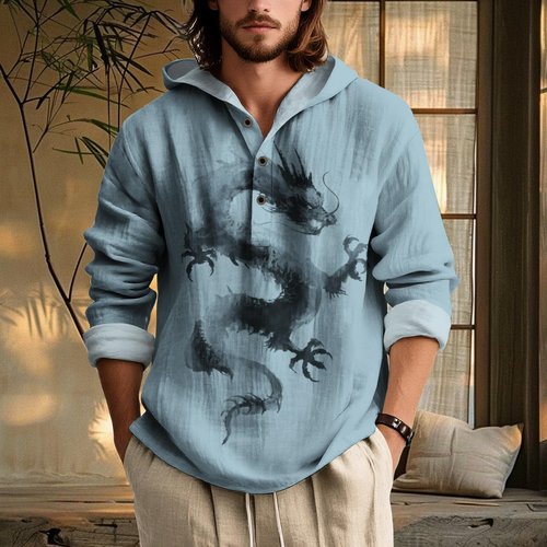 LOAIHA Men's Ink Wash Sweatshirt Long Sleeves Button Down Pullover Vintage Printed Oversized Casual Hooded Sweatshirts