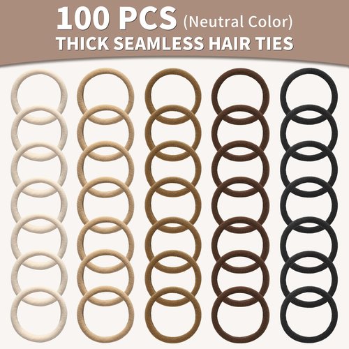 Mia Klein Hair Ties Black 100Count Extra Thick 5CM, Bulk Elastic Hair Bands for Thick Heavy Hair, Seamless Hair Accessories for Women, Girls, Ponytail Holder (Neutral Color)