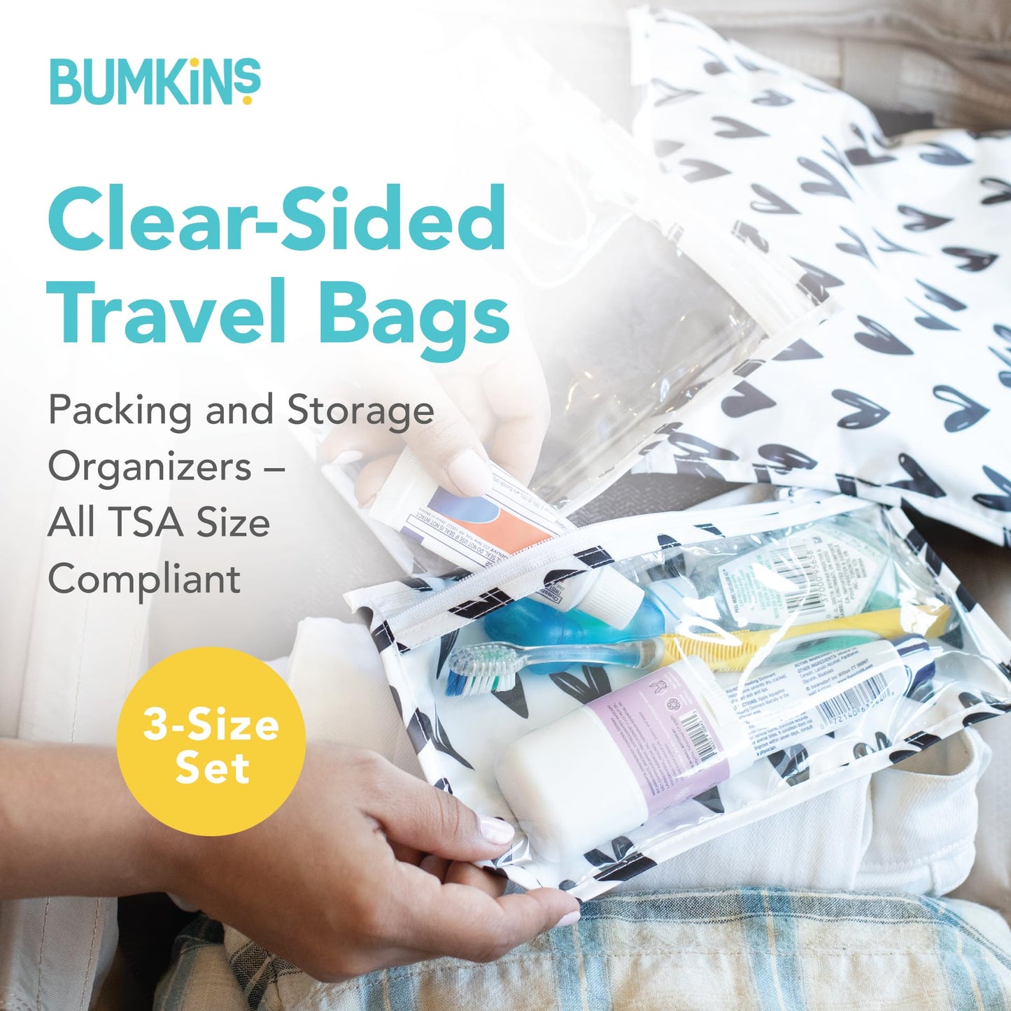 Bumkins Travel Bag, Toiletry, TSA Approved Pouch, Zip Bag, Quart Size Airline Compliant, Clear-Sided, Baby, Diaper Bag Organization, Makeup, Accessories, Packing, Set of 3 Sizes, Black Hearts