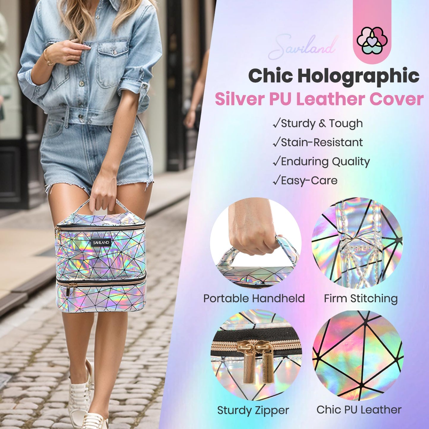 SAVILAND Nail Polish Organizer Bag: PU Leather Nail Kit Organizer Holds 30 Bottles & Nail Lamp, Holographic Nail Supply Organizer Nail Polish Holder Case Nail Organizers and Storage Box for Nail Tech