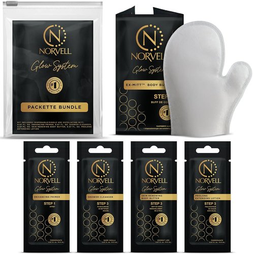 Norvell Glow System Trial Kit - 5-Step Sunless Tanning Essentials with Exmitt, Primer & Cleanser | Travel-Friendly Pouch