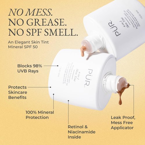 PÜR MINERALS Tinted Sunscreen for Face - 4-in-1 SPF 50 Mineral Tint, Moisturizer & Primer - Lightweight, Buildable Formula