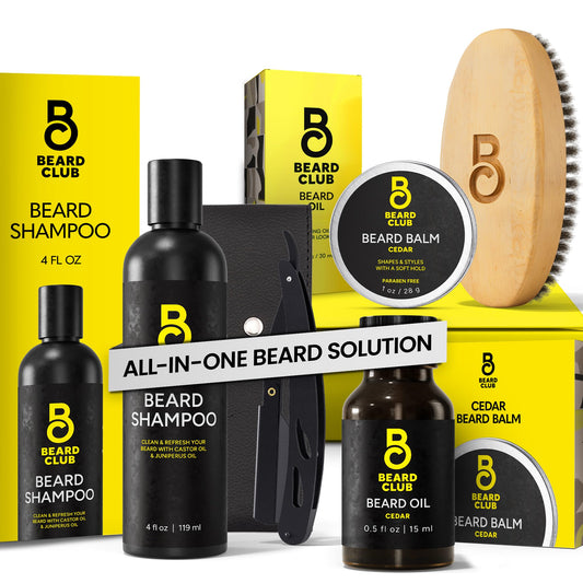Beard Club Beard Care Kit - Grooming Essentials for a Healthier, Stylish Beard - Straight Edge Razor, Shampoo, Cedar Balm, Oil, and Boar Bristle Brush