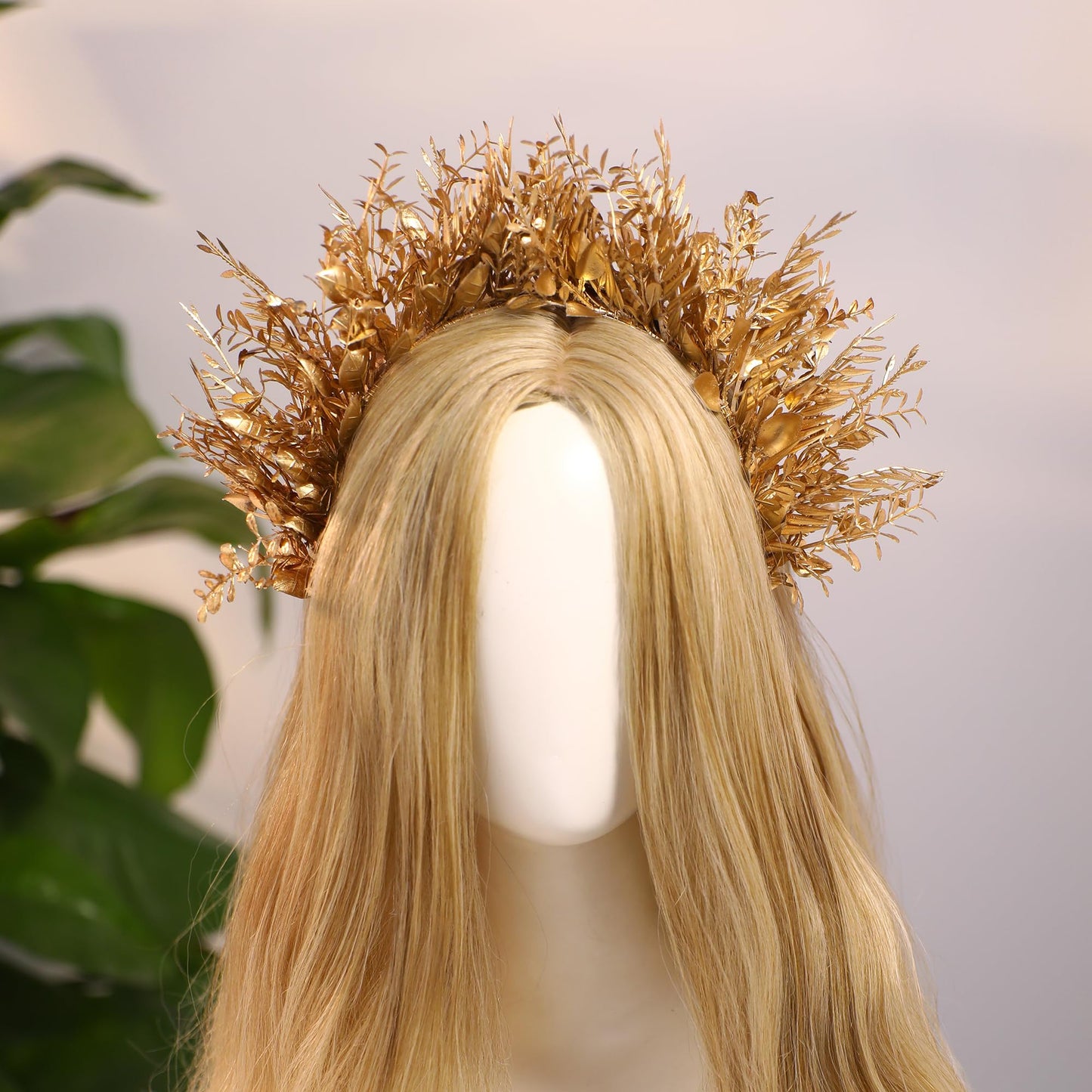 MOSTORY Gold Flower Halo Headband - Handmade Fairy Goddess Hairband Floral Queen Crown Headwear for Women Girls Party Festival Renaissance Mardi Gras Cosplay Photo Shoot