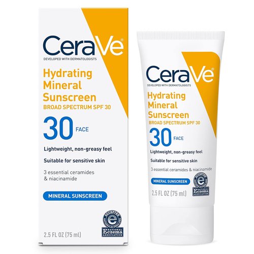 CeraVe 100% Mineral Sunscreen SPF 30 - Oil-Free Face Sunscreen with Zinc Oxide & Hyaluronic Acid | Travel Size 2.5 oz