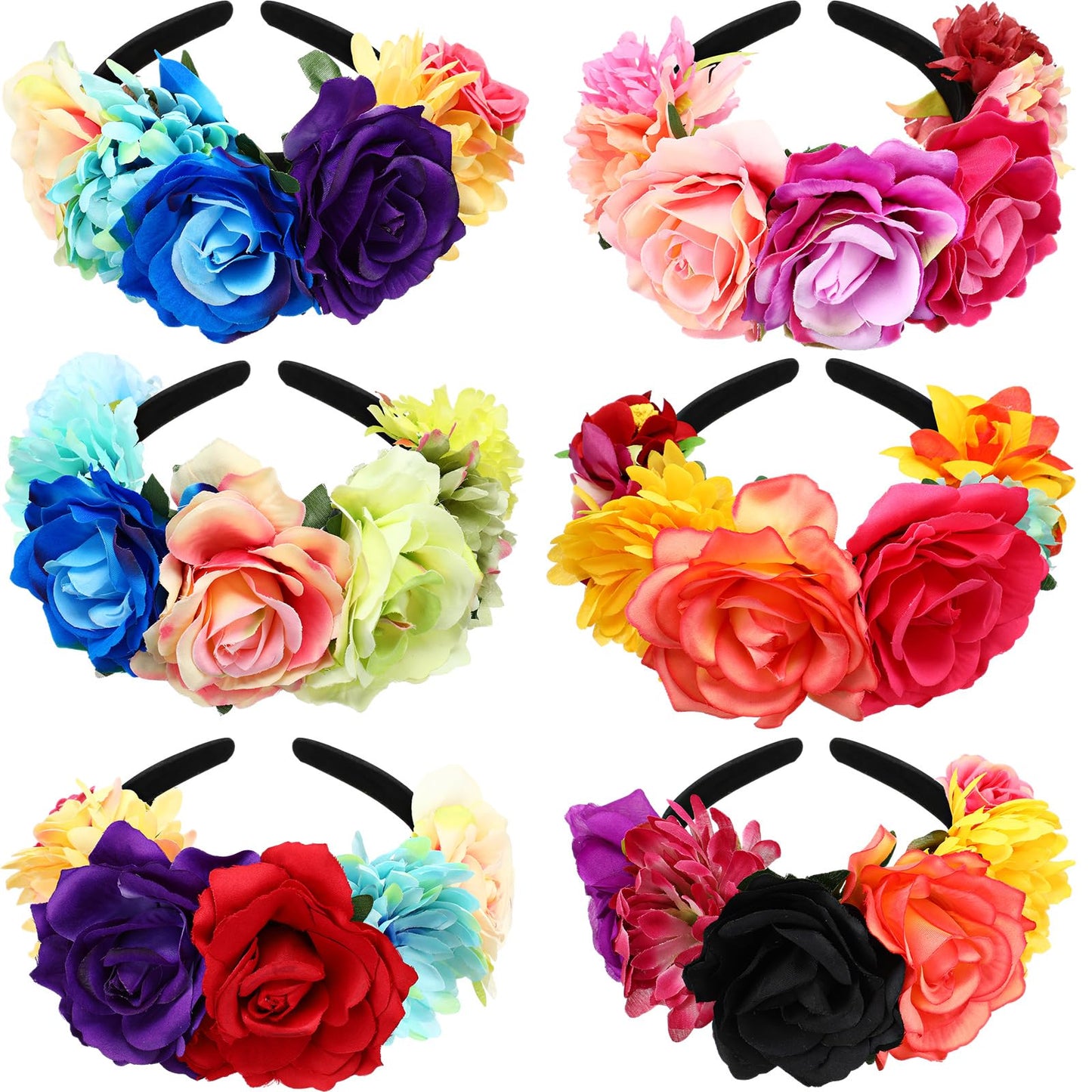 Kigeli 6 Pcs Mexican Flower Headband Day of the Dead Rose Floral Crown Halloween Headpiece for Women Girls Cosplay(Fresh Color)