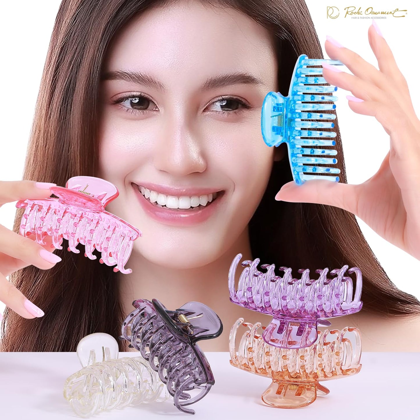 RC ROCHE ORNAMENT 6 Pcs Womens Classic Double Multi Layer Fine Teeth Claws Jaw Interlocking Strong Hold No Slip Firm Grip Hair Clutcher Clamp Beauty Fashion Accessory, Small Transparent Multicolor