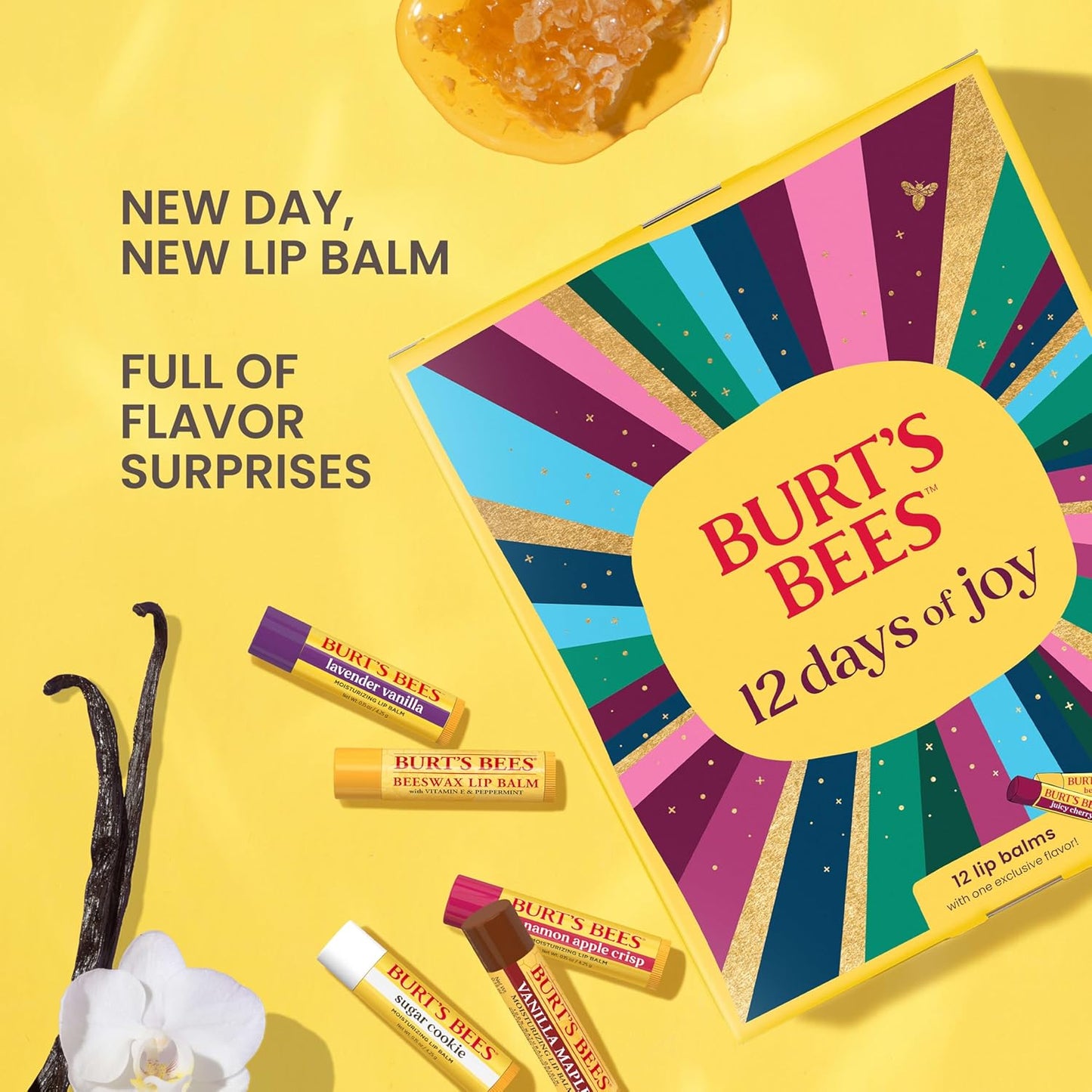 Burt’s Bees Advent Calendar - 12 Natural Lip Balms for 24-Hour Moisture | Juicy Cherry & More, 0.15 Oz Each