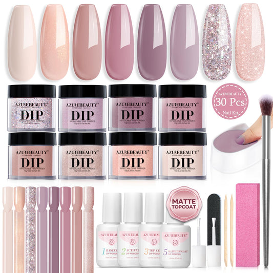 AZUREBEAUTY Dip Powder Nail Starter Kit with Matte Coat, 8 Hot Pink Glitter Neon Summer Color, Dipping Powder Liquid Set with Base/Top Coat/ Activator/10 Nail Sticks Salon at Home