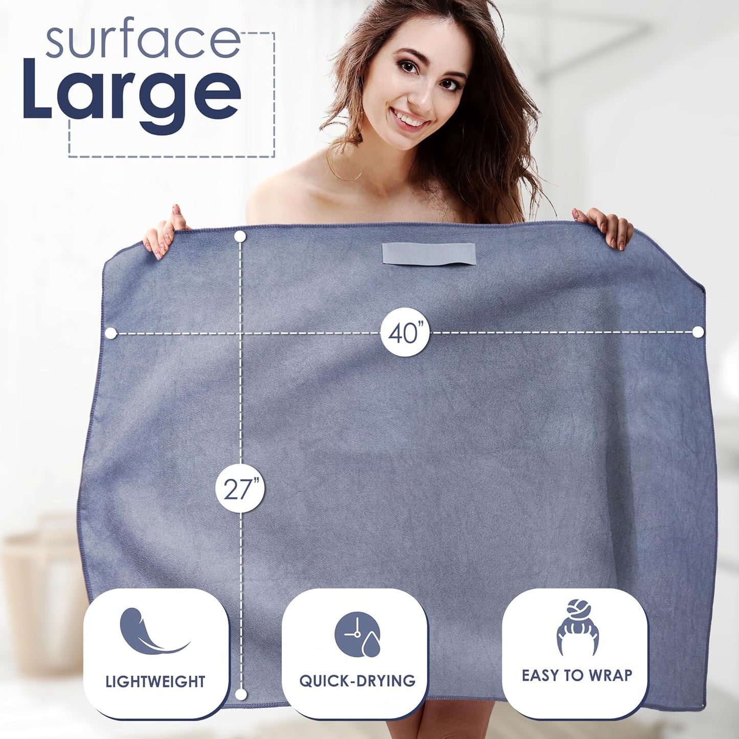 Skiennix Large Microfiber Hair Towel Wrap - Anti-Frizz Fast Drying for Long, Curly Hair | 27x40 Inches, Grey