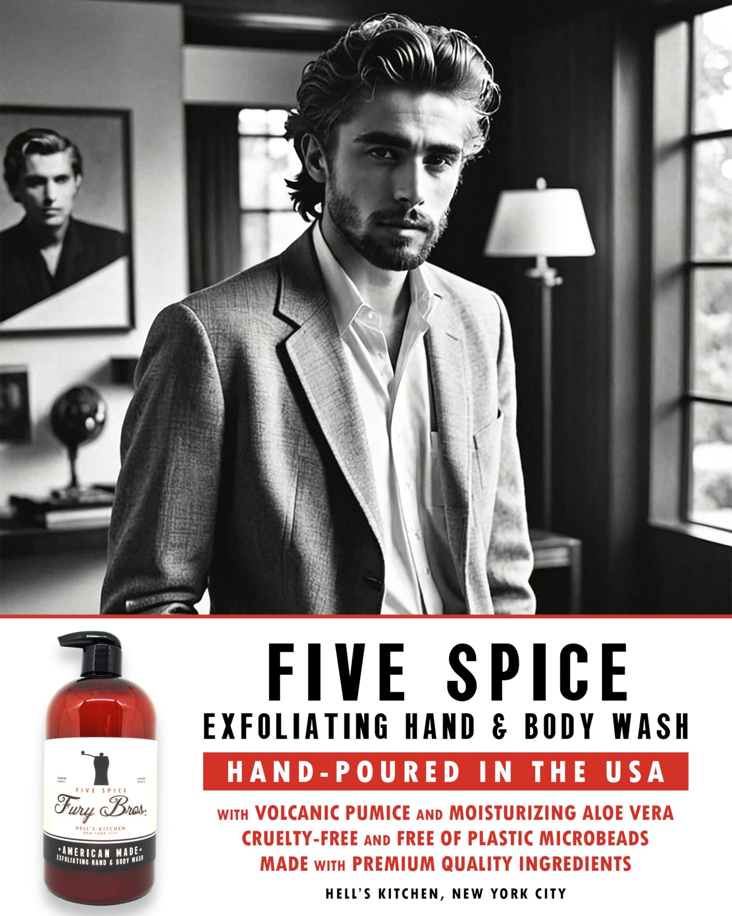 FURY BROS. Black Series Hand & Body Wash | Five Spice | Natural Ingredients | Exfoliating Volcanic Pumice | Moisturizing Aloe Vera | Made in USA | Cruelty-Free | Microbead Free | 16 oz