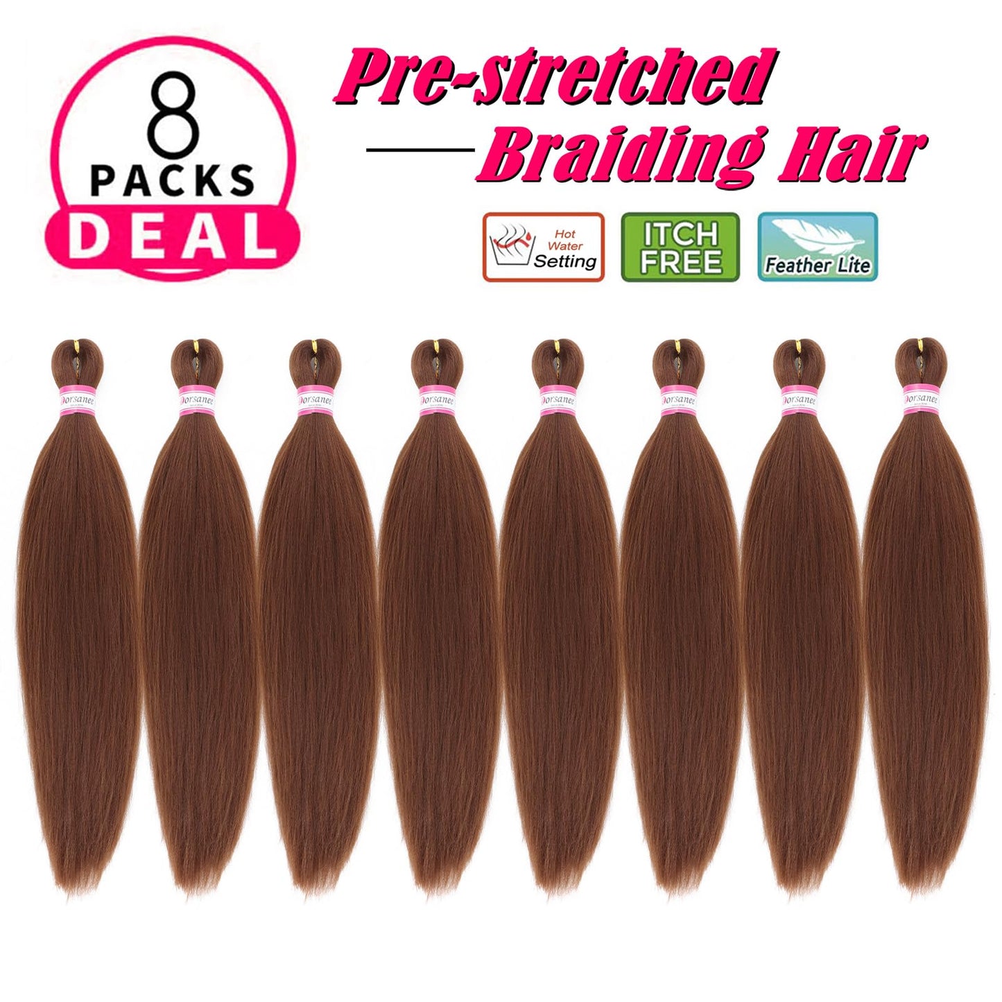 Dorsanee Brown Braiding Hair Pre Stretched 20 Inch 8 Packs Braiding Hair Extensions for Crochet Box Braids Twists Locs Hair Soft Yaki Texture Hot Water Setting (20inch,#30)