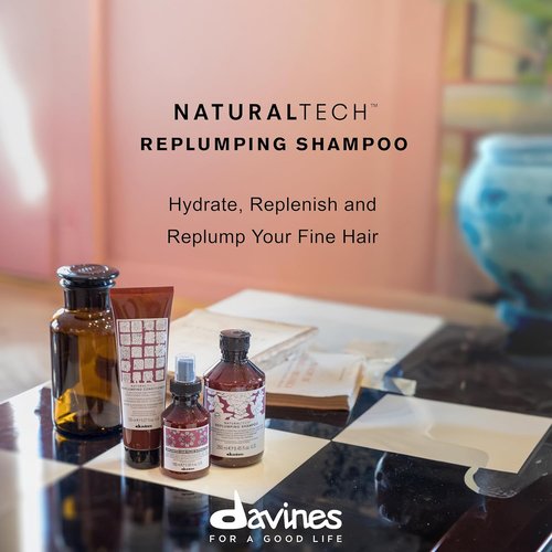 Davines Naturaltech Replumping Shampoo - Moisturizing Formula for Fine Hair with Plum Phytoceuticals | 8.45 Fl Oz