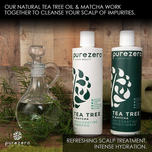 Purezero 20 oz Tea Tree & Matcha Shampoo and Conditioner Set - Nourishing & Invigorating Scalp Treatment - Zero Sulfates, Parabens, Dyes Vegan and Cruelty Free