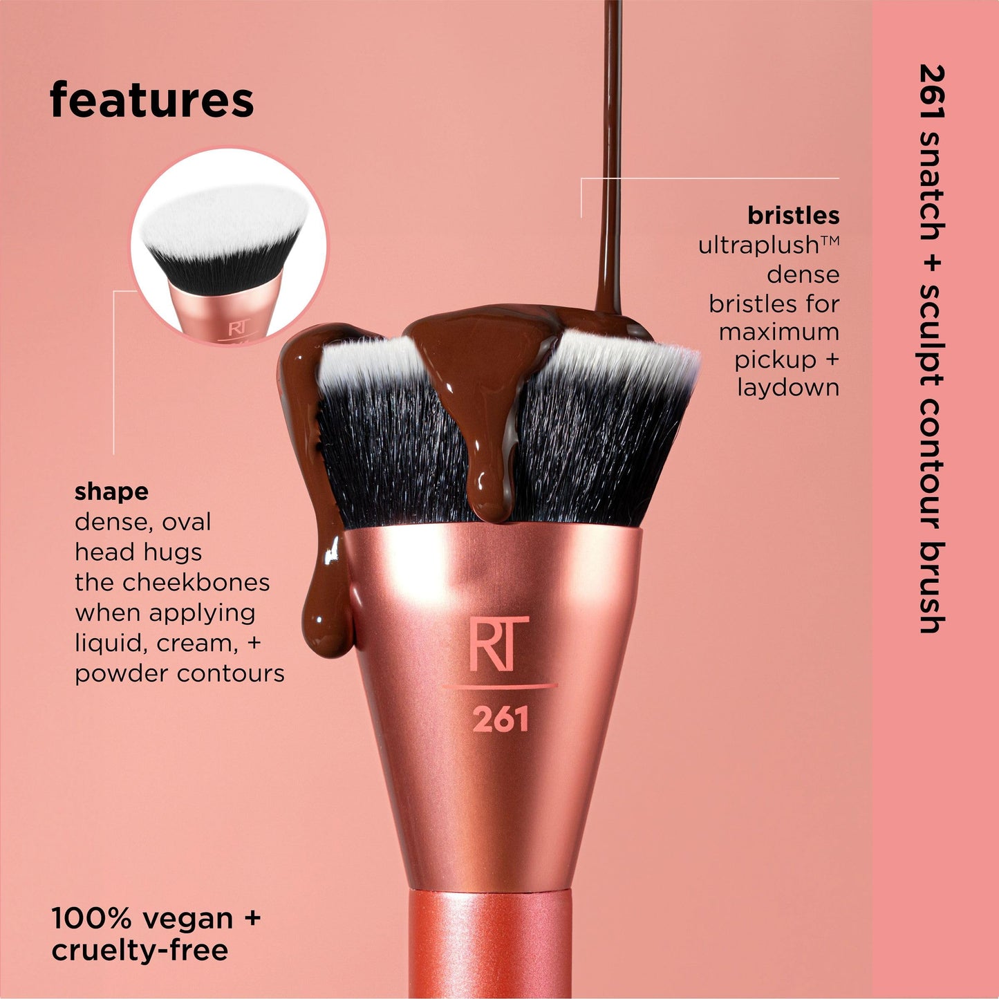 Real Techniques Snatch + Sculpt Contour Makeup Brush, For Liquid & Cream Contour & Bronzer, Flat Top & Oval Head For Blending & Buffing, Dense, Synthetic Bristles, Vegan & Cruelty Free, 1 Count