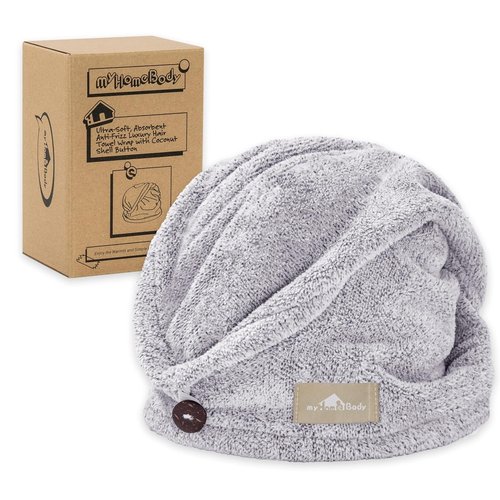 myHomeBody Hair Towel Wrap - Luxury Quick-Drying Turban, Ultra-Soft Charcoal Fiber Cap - Gray