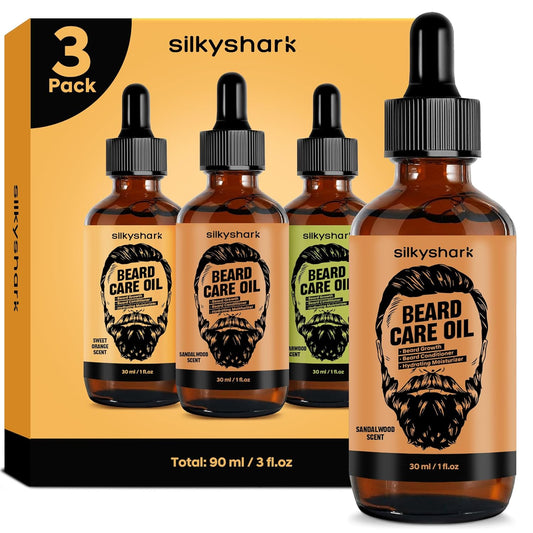 SilkyShark Beard Oil - Hydrating Growth & Conditioning Oil for Men | 3 Pack, 90ml, Sandalwood, Cedarwood, Sweet Orange Scents