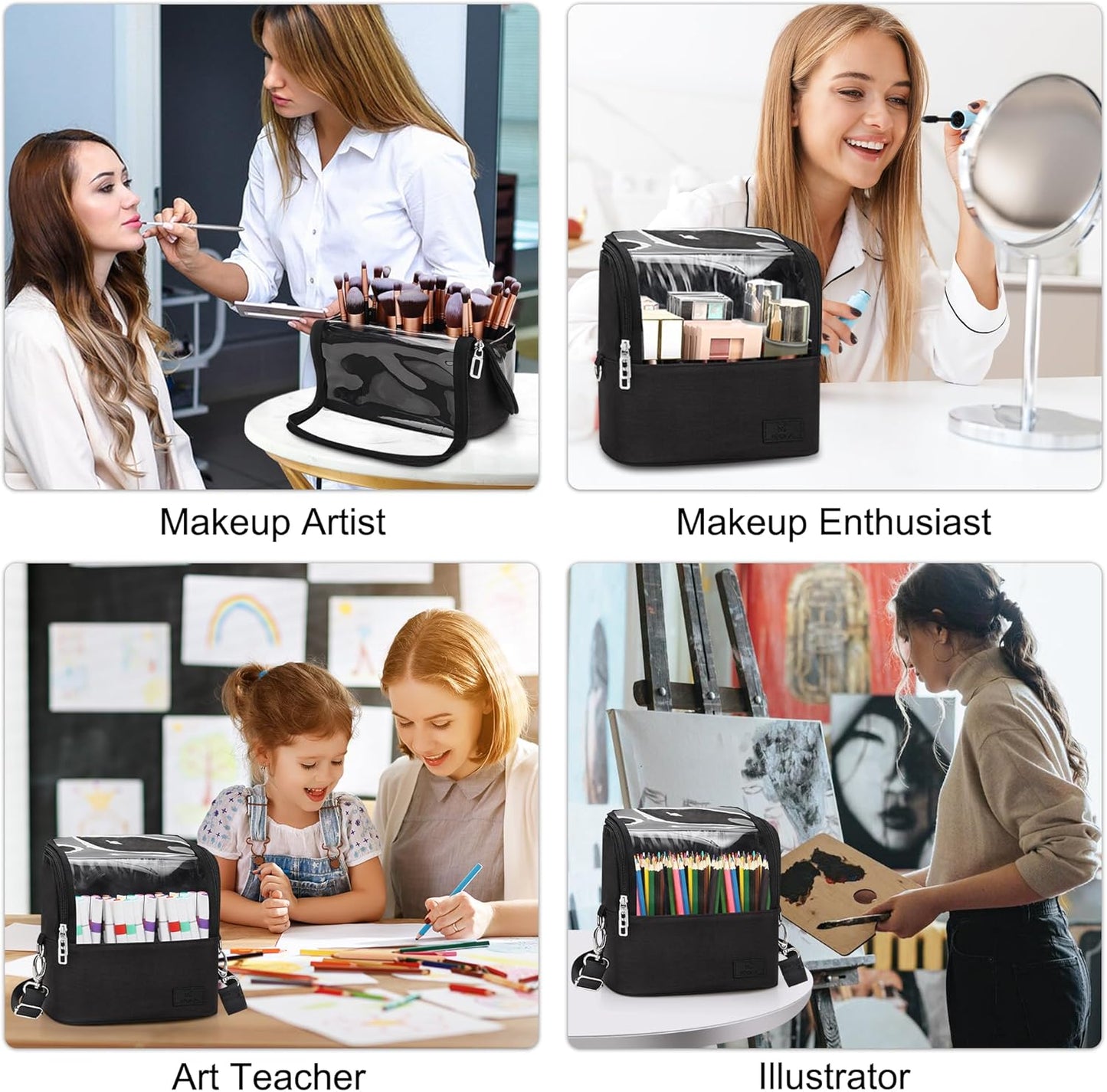 Skiennix Makeup Brush Organizer - Professional Travel Case with Adjustable Divider | Large Black