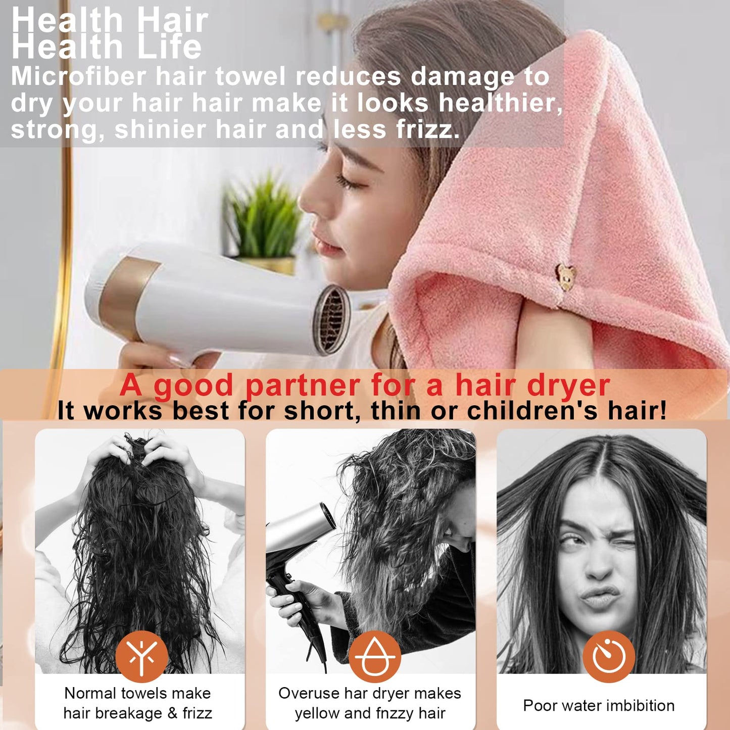 ROMASA Hair Drying Towel for Kids Microfiber Hair Towel Wrap with Buttons Super Absorbent Twist Turban Shower Gift for Women and Girls