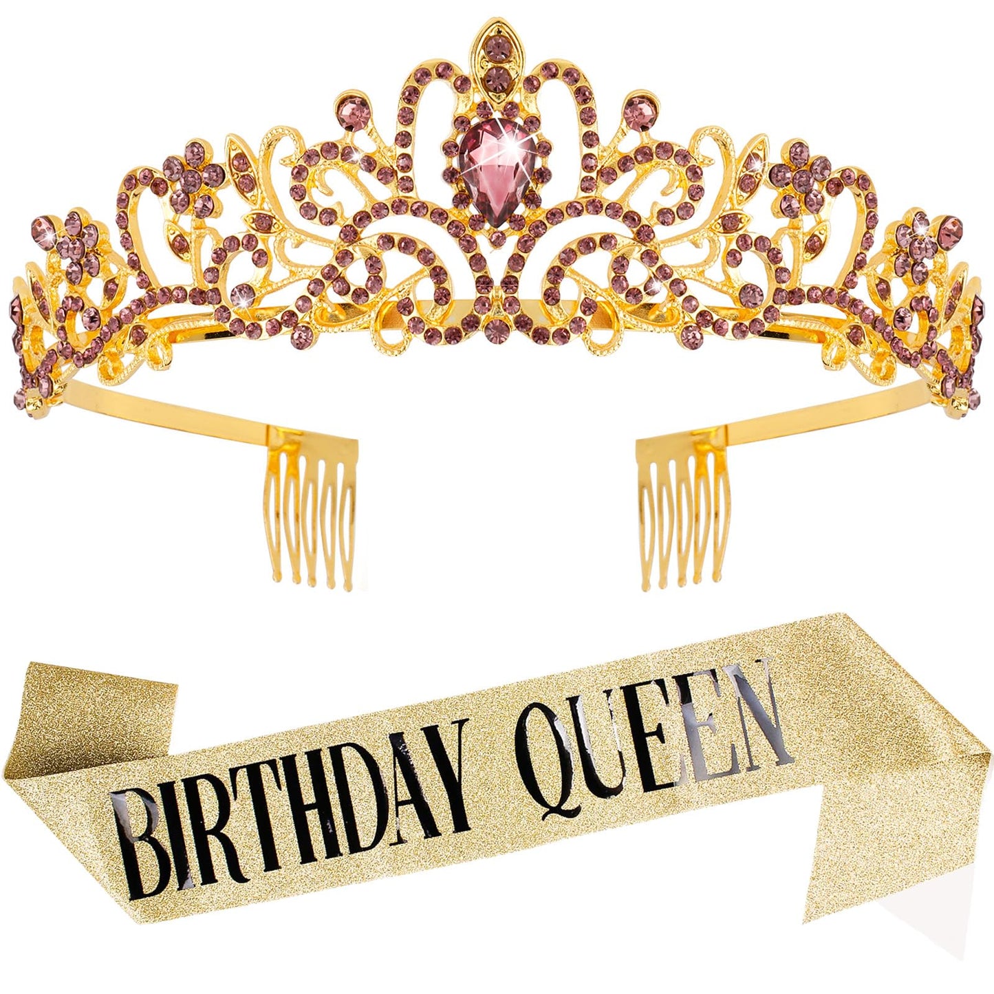 COCIDE headbands for Women Tiara Crowns for Girls (Gold with Purple Tiara+Gold Sash)