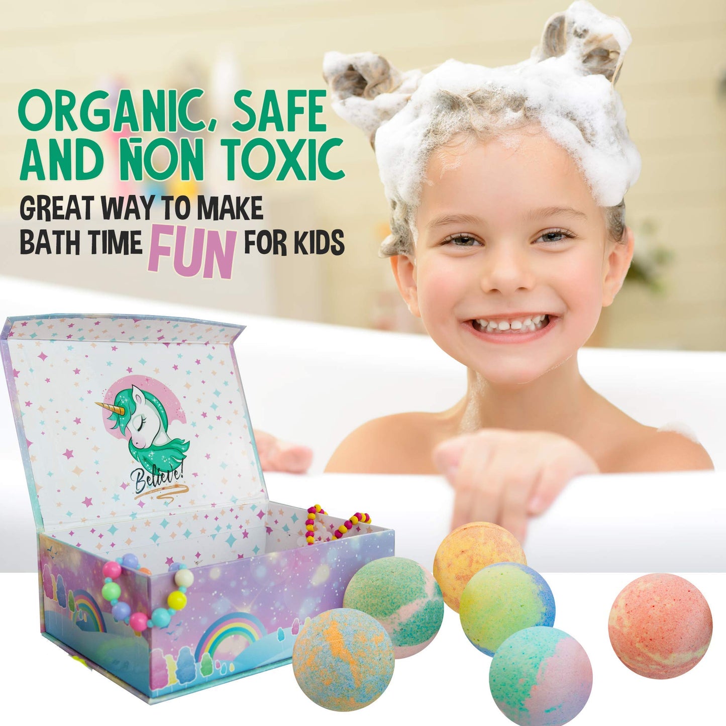 Unicorn Bath Bombs for Girls with Jewelry Inside & Jewelry Box for Kids - Organic, Skin Moisturizing, Natural Bubble Bath Bombs for Kids with Surprise Toy Inside, Birthday Gifts for Girls, Kids