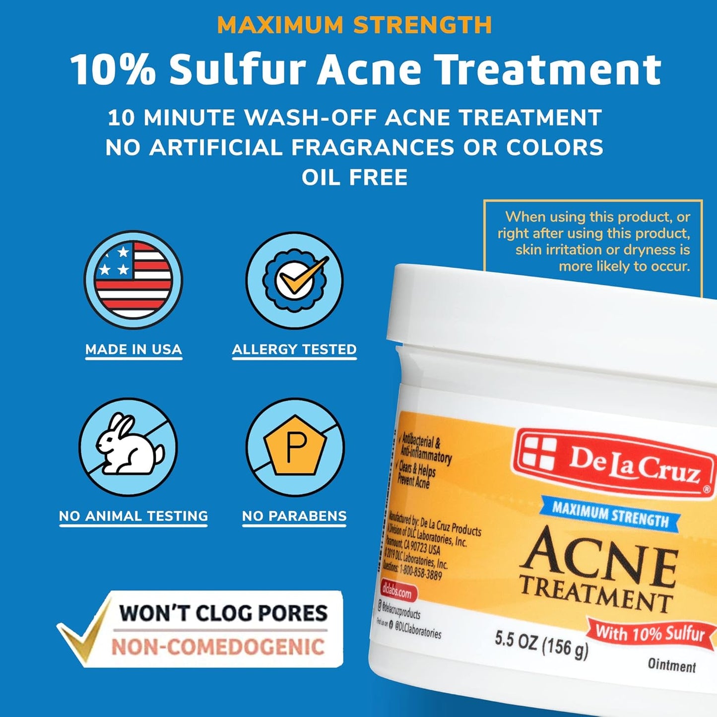 De La Cruz Sulfur Ointment - Effective Cystic Acne Treatment for Face & Body - 5.5 OZ Daily Spot Mask
