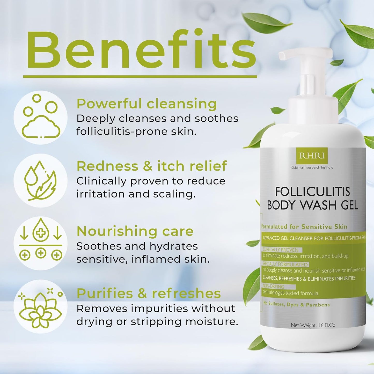 Folliculitis Treatment Body Wash - Gentle Gel Cleanser for Sensitive Skin | Reduces Redness & Irritation, No Sulfates or Parabens