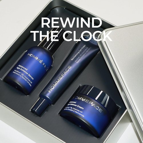 HOMMEFACE Men's Advanced Age Defense Skincare Set - Anti-Aging Serum, Eye Cream & Face Cream with Korean Technology