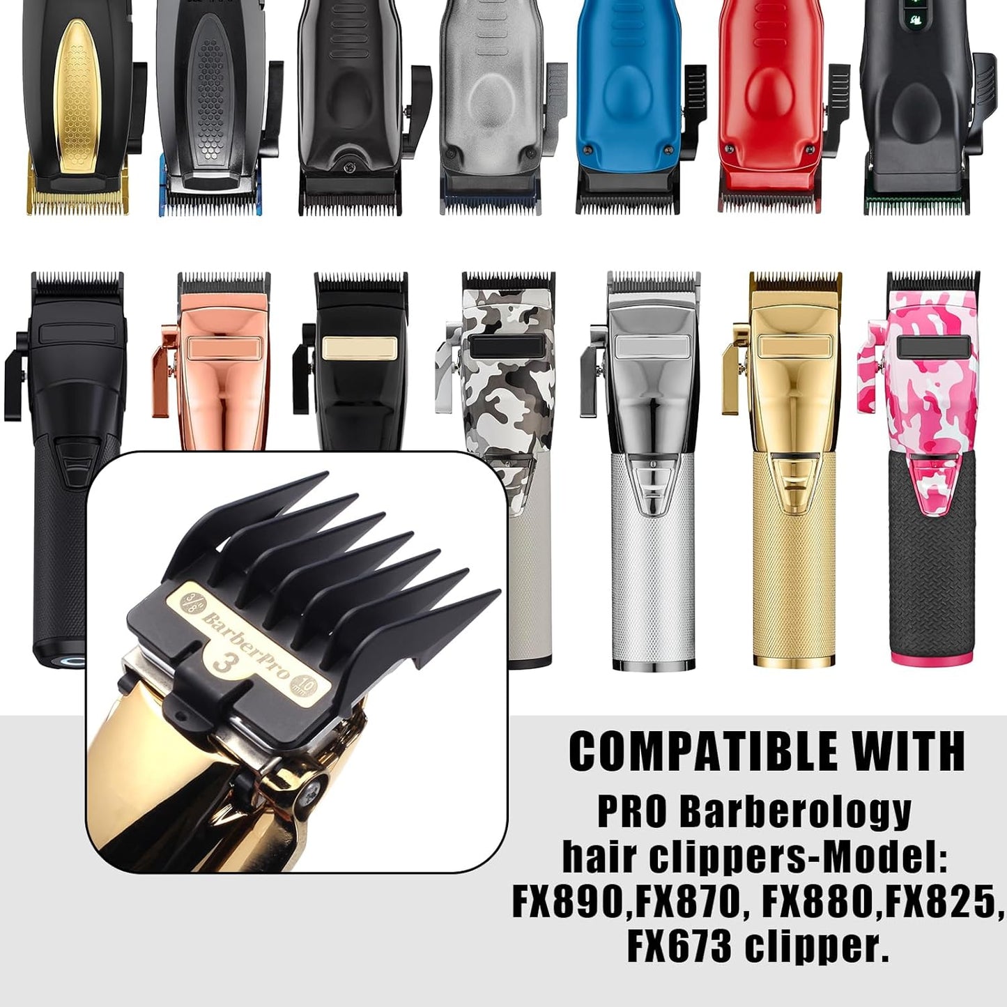 COSYONALL Clipper Replacement Guards - Compatible with BabylissPRO FX870, FX880, FX825, FX673 | 8-Pack, Black, Cutting Lengths 1/16”-3/4”