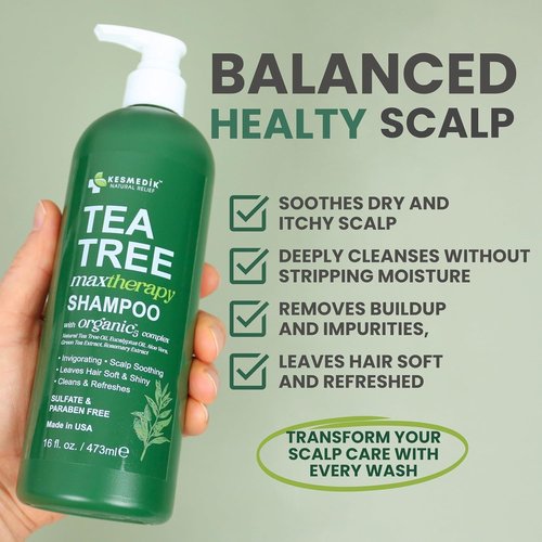 KESMEDIK Tea Tree Oil Shampoo - Deep Cleansing Formula for Dandruff Relief & Itchy Scalp | 16 fl oz