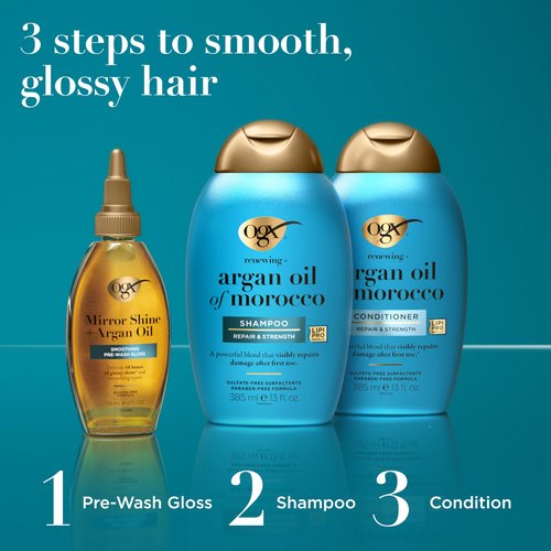 OGX Mirror Shine + Argan Oil Pre-Wash Hair Gloss, Smoothing Rinse Out Treatment for 48 Hours of Glossy Shine* & Nourishing Repair, Lightweight Hair Oil Mends Split Ends*, 4 fl. oz